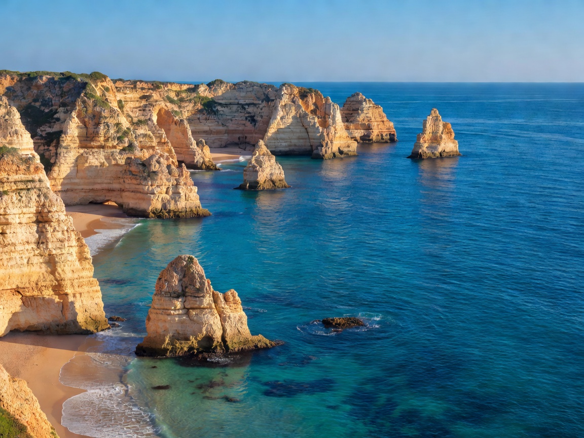 Scenic Algarve cliff coast and pristine blue ocean water in Portugal